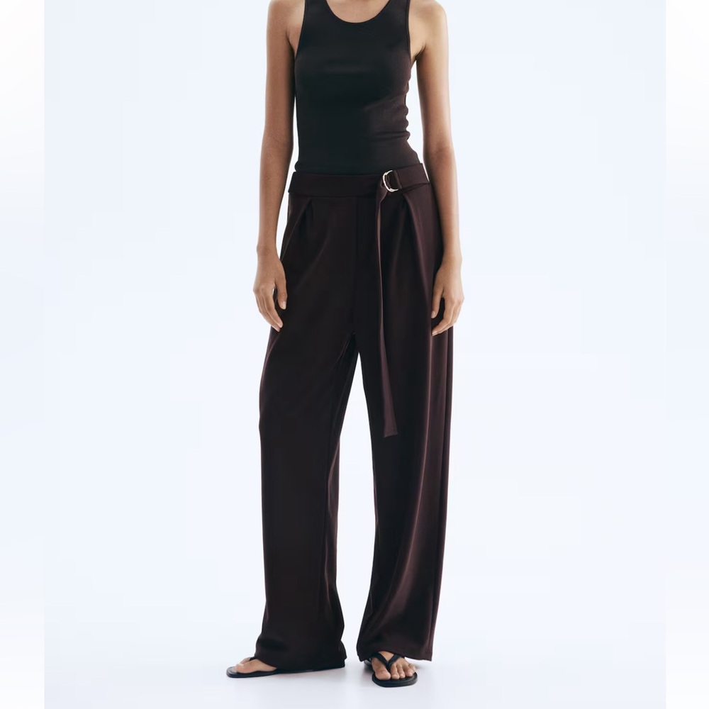 Nwt H&M Wide-Leg Tie Waist Pants - Dark Brown